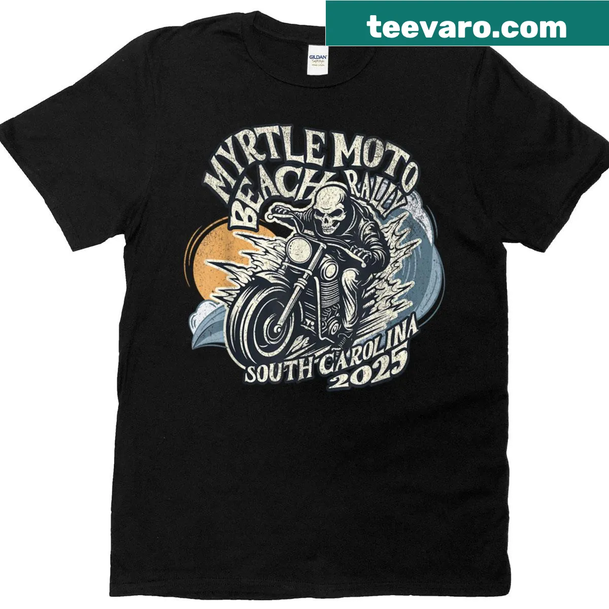 Vintage biker graphic featuring a skull for Myrtle Beach Rally — on a men's t-shirt