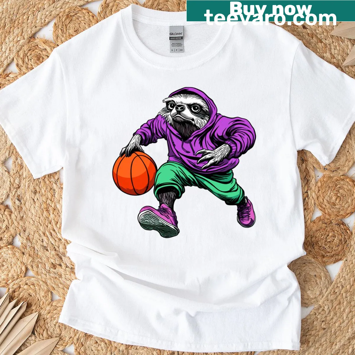 Cartoon sloth basketball player design on t-shirt — on a men's t-shirt