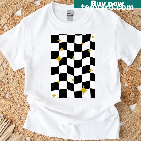 Checkered pattern T-shirt with a sparkling design