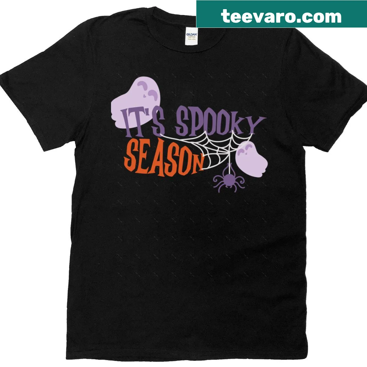 Oversized Halloween T-shirt with cartoon ghosts and spider graphic. — on a men's t-shirt