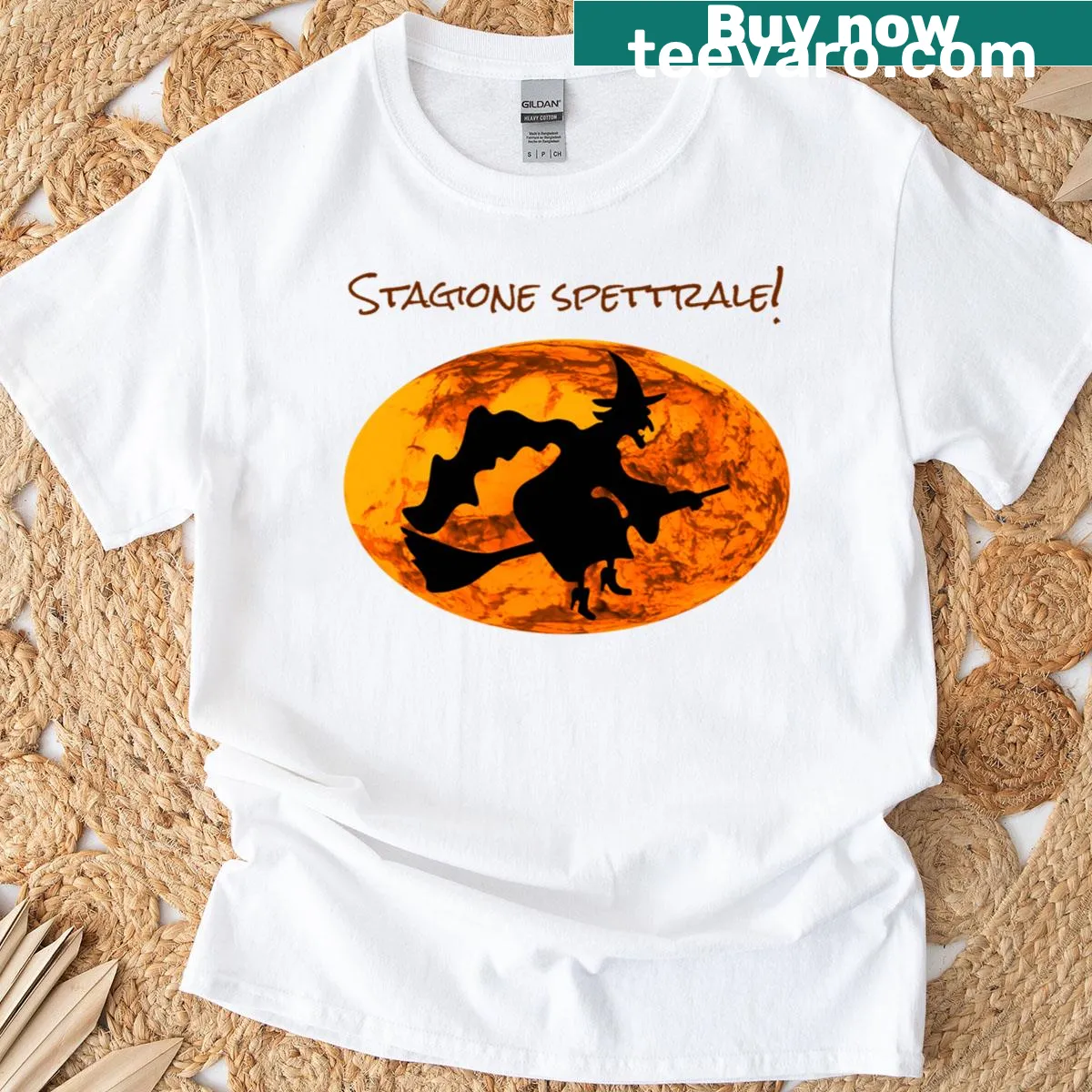 Whimsical witch graphic T-shirt for Halloween lovers — on a men's t-shirt