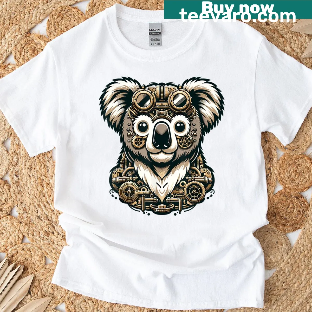 Vintage-style T-shirt featuring a steampunk koala graphic — on a men's t-shirt