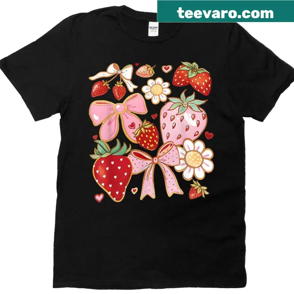 Cute T-shirt featuring strawberries and bows, ideal for women.