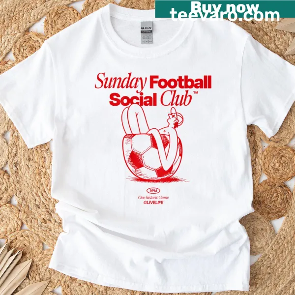 T-shirt featuring Sunday Football Social Club graphic on the back
