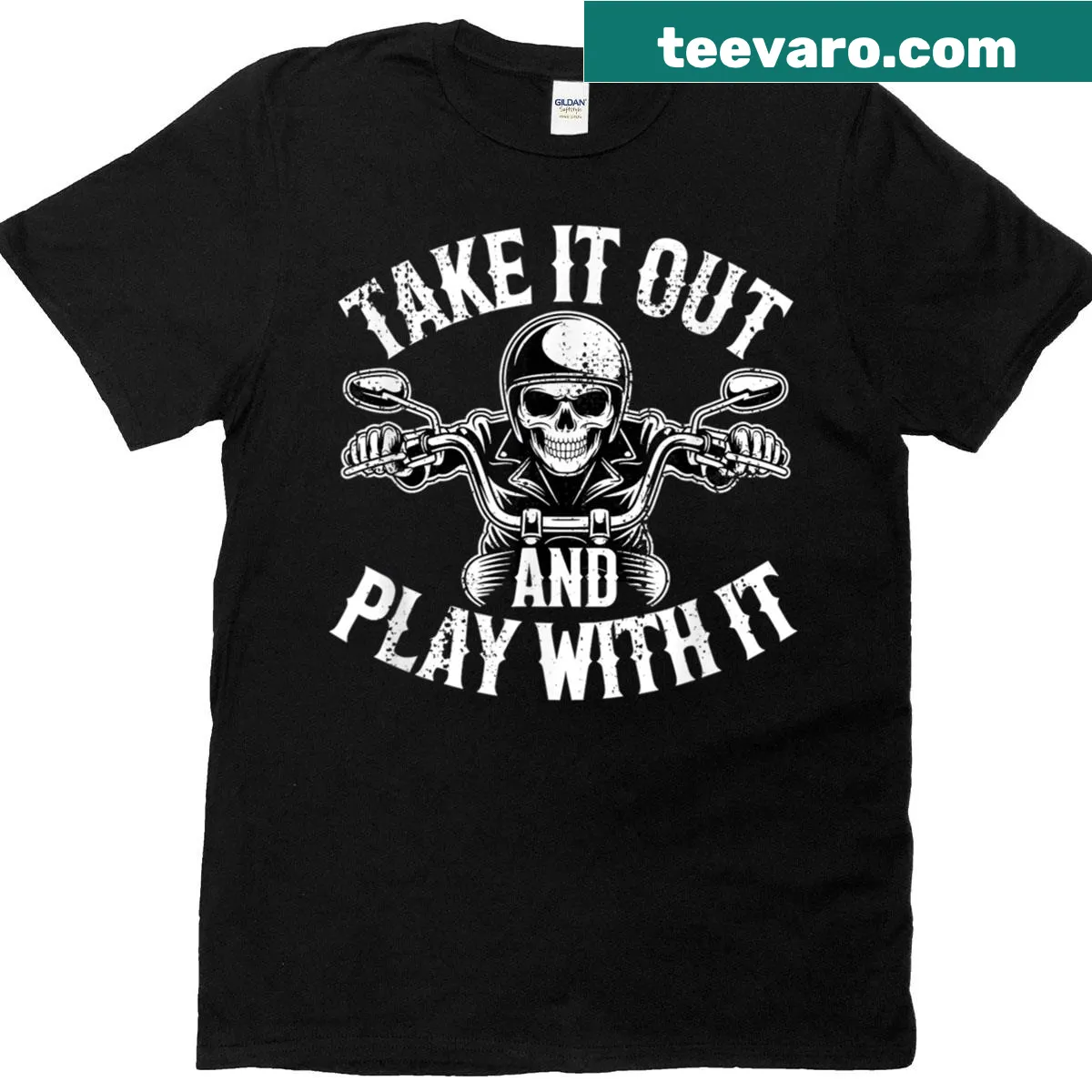 Biker skeleton graphic with fun slogan on a vintage-style t-shirt — on a men's t-shirt