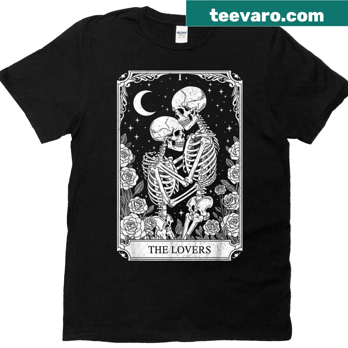 Vintage-style t-shirt featuring The Lovers tarot card with skeletons — on a men's t-shirt