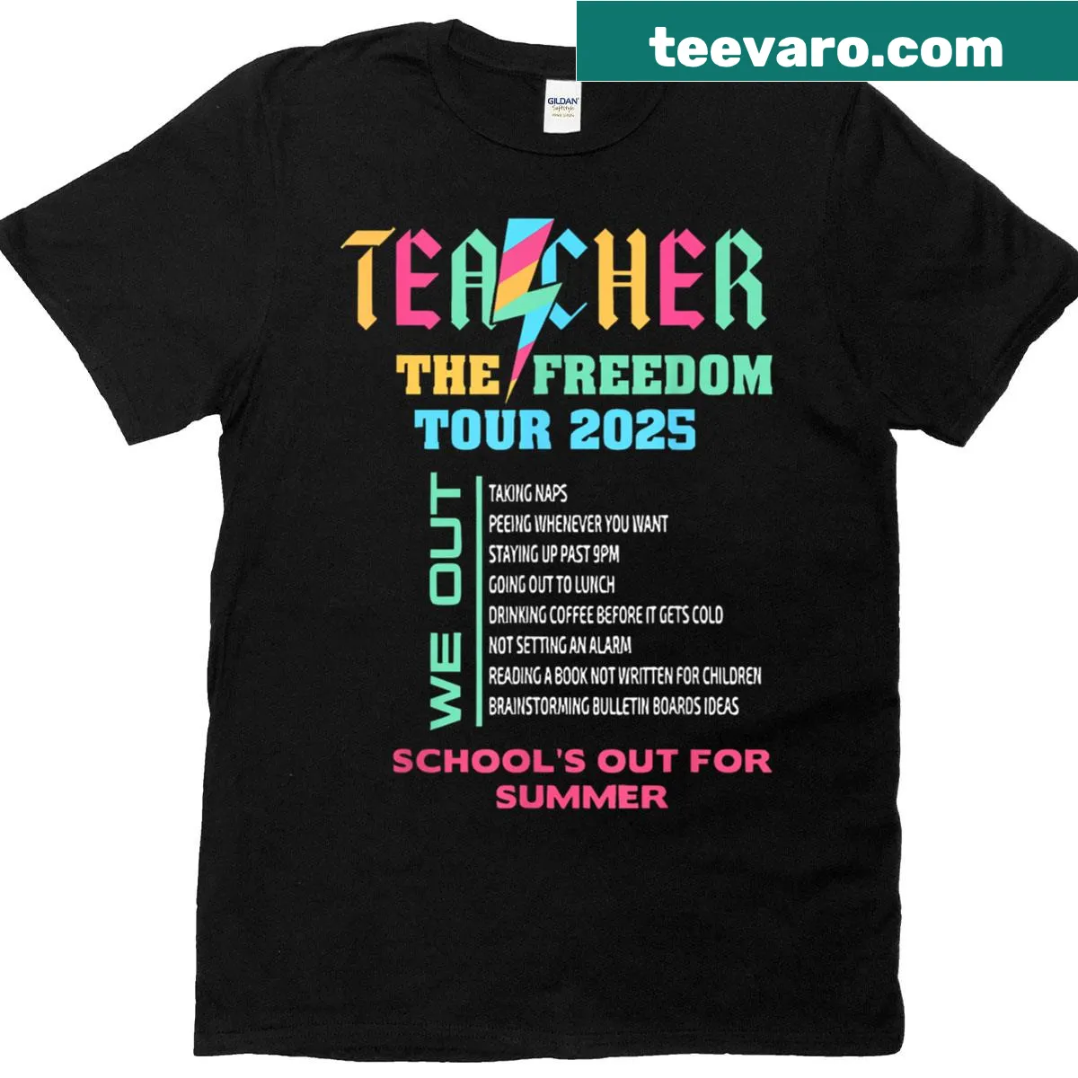 Playful text 'Teacher Summer Tour 2025: Schools Out For Summer' on a t-shirt — on a men's t-shirt