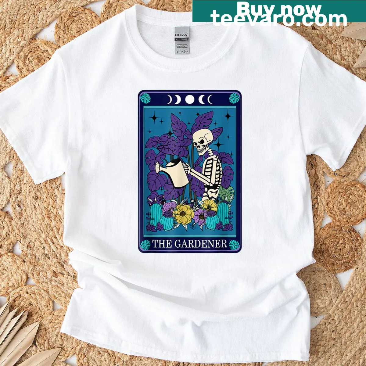 Vintage Halloween T-shirt featuring a skeleton gardener design — on a men's t-shirt