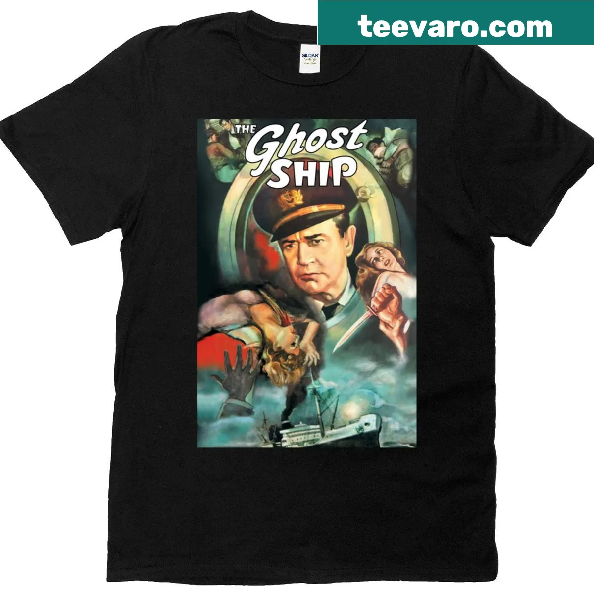 Illustrative ghost ship t-shirt design — on a men's t-shirt
