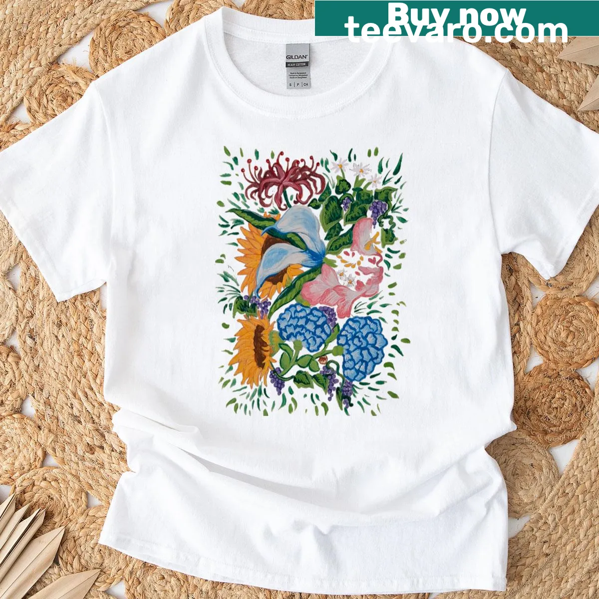 T-shirt featuring a delicate lady flower portrait illustration — on a men's t-shirt