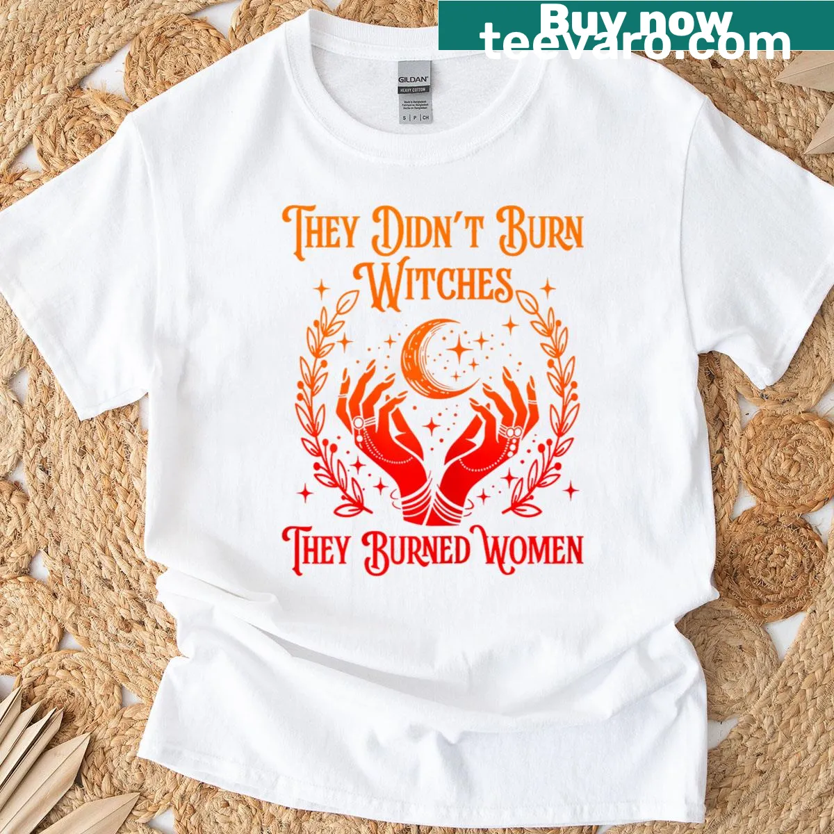 Empowering T-shirt with They Didn't Burn Witches text — on a men's t-shirt