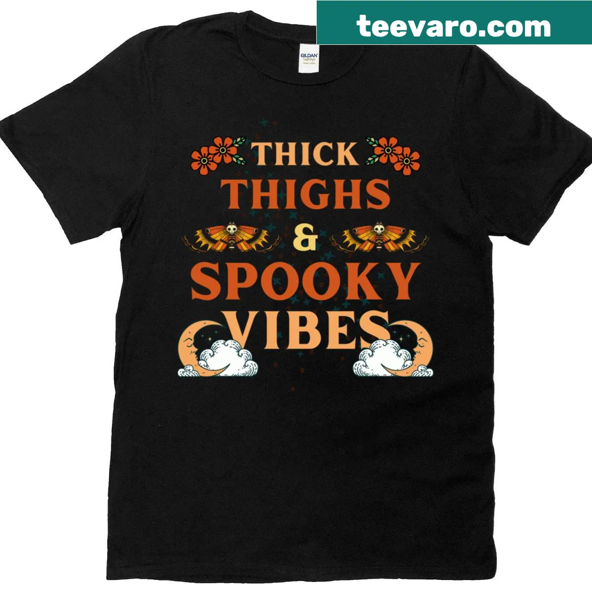 Oversized Halloween T-shirt with witchy design and lunar moths — on a men's t-shirt