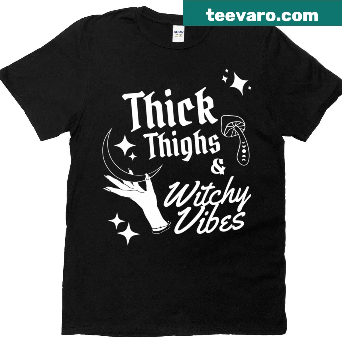 Oversized t-shirt celebrating thick thighs and witch vibes — on a men's t-shirt