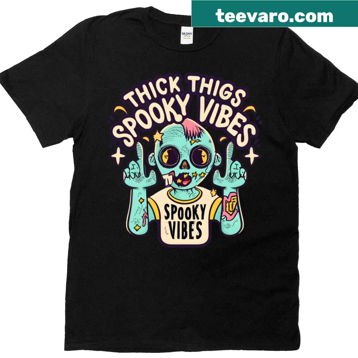 Halloween-themed T-shirt with a fun phrase about spooky vibes — on a men's t-shirt