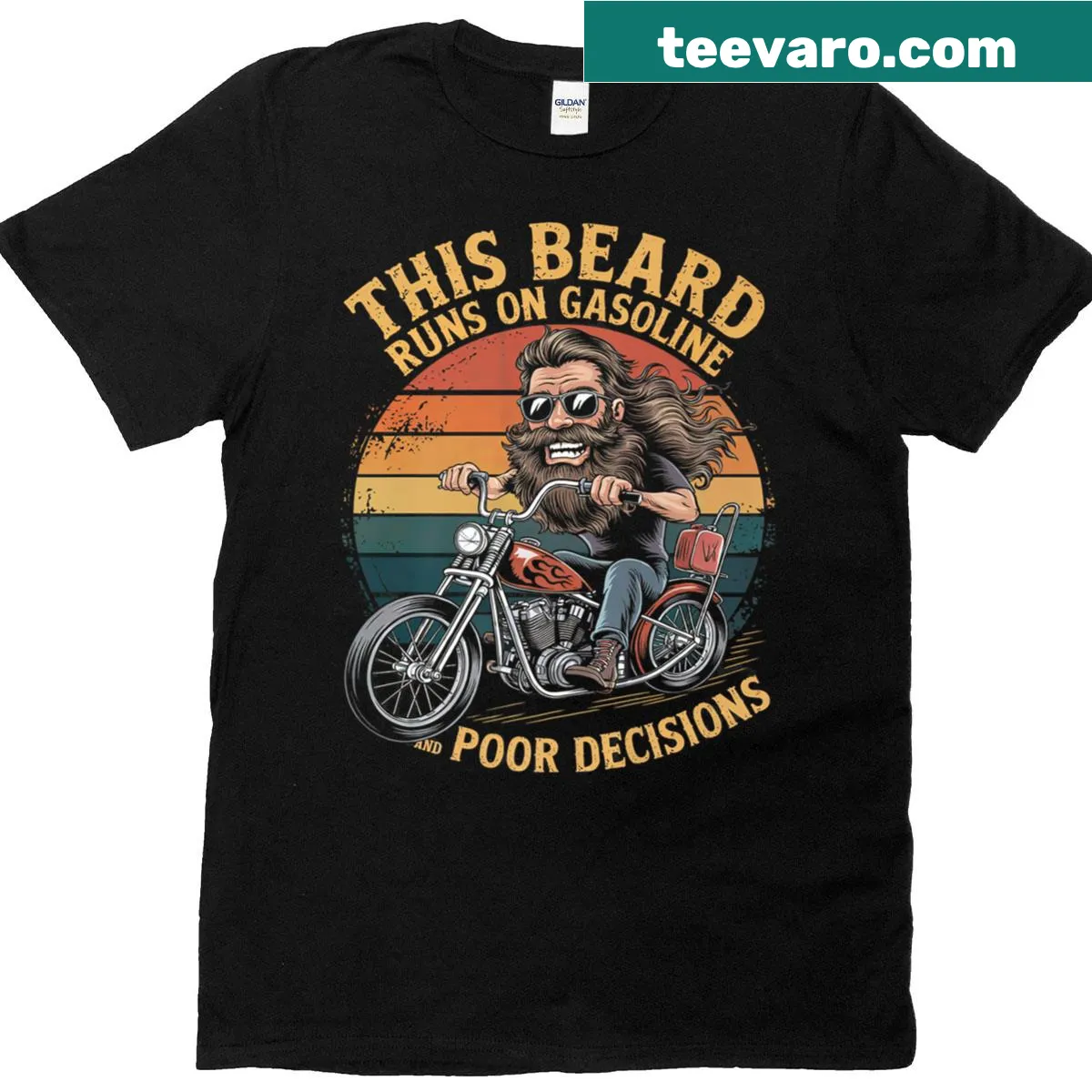 Vintage 70s biker t-shirt with edgy text about beards and gasoline — on a men's t-shirt