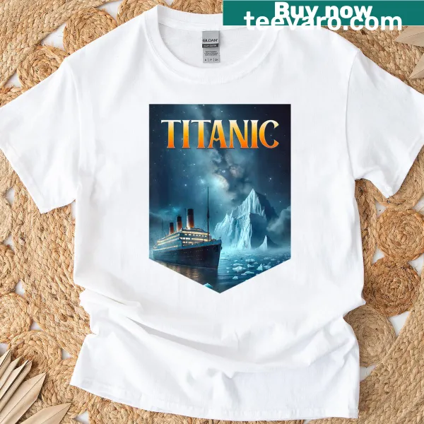 Illustrative T-shirt depicting Titanic cruise ship and iceberg