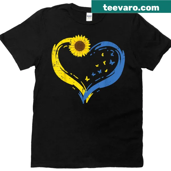 Ukrainian-themed t-shirt featuring a heart, sunflower, and butterfly