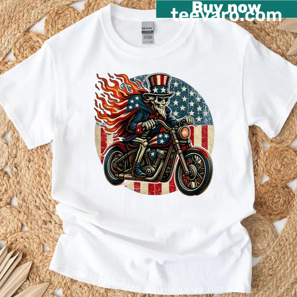 Patriotic T-shirt with USA flag and Uncle Sam skeleton on motorcycle