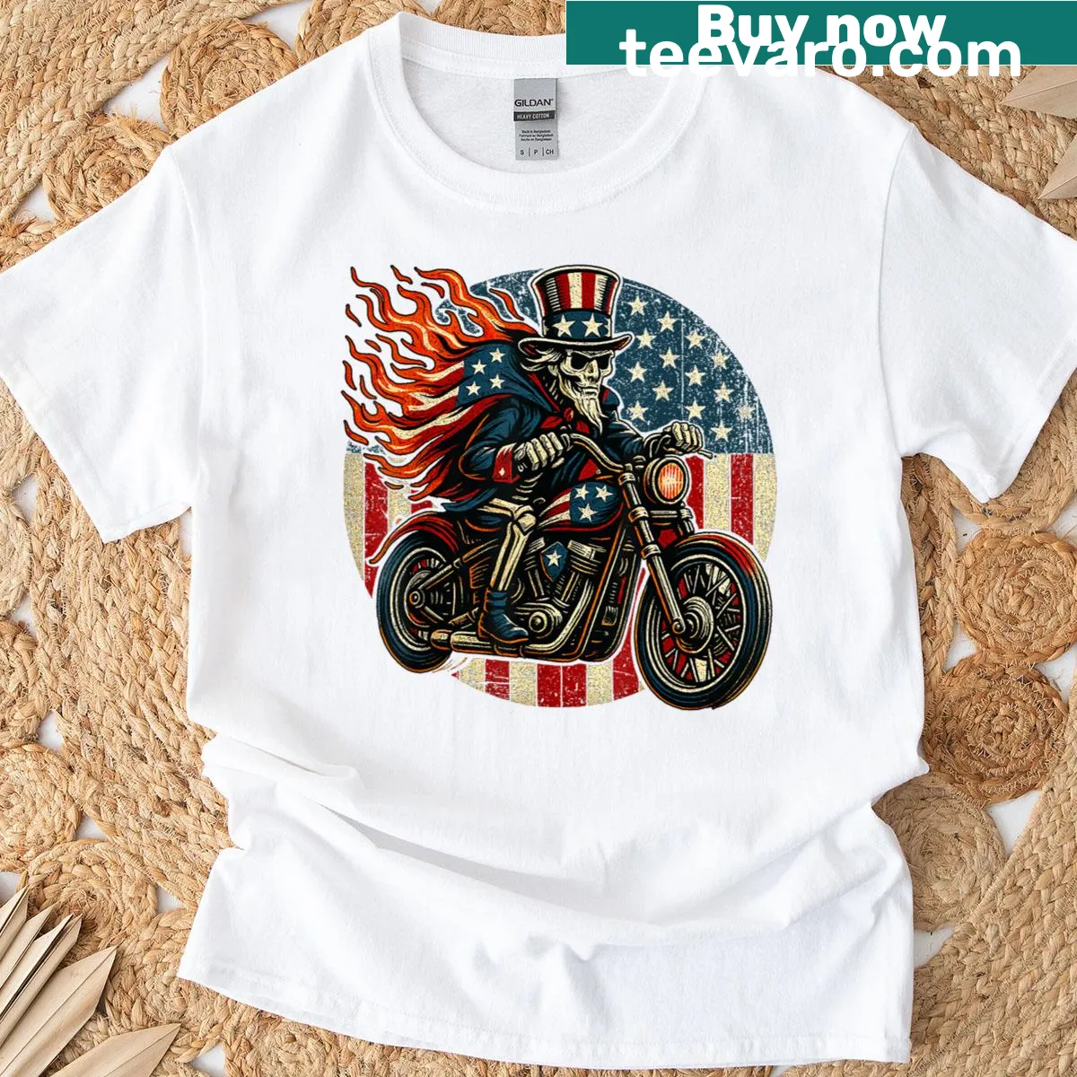 Patriotic T-shirt with USA flag and Uncle Sam skeleton on motorcycle — on a men's t-shirt