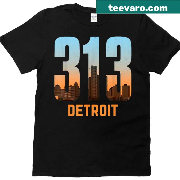 Vintage skyline graphic T-shirt with Detroit 313 area code