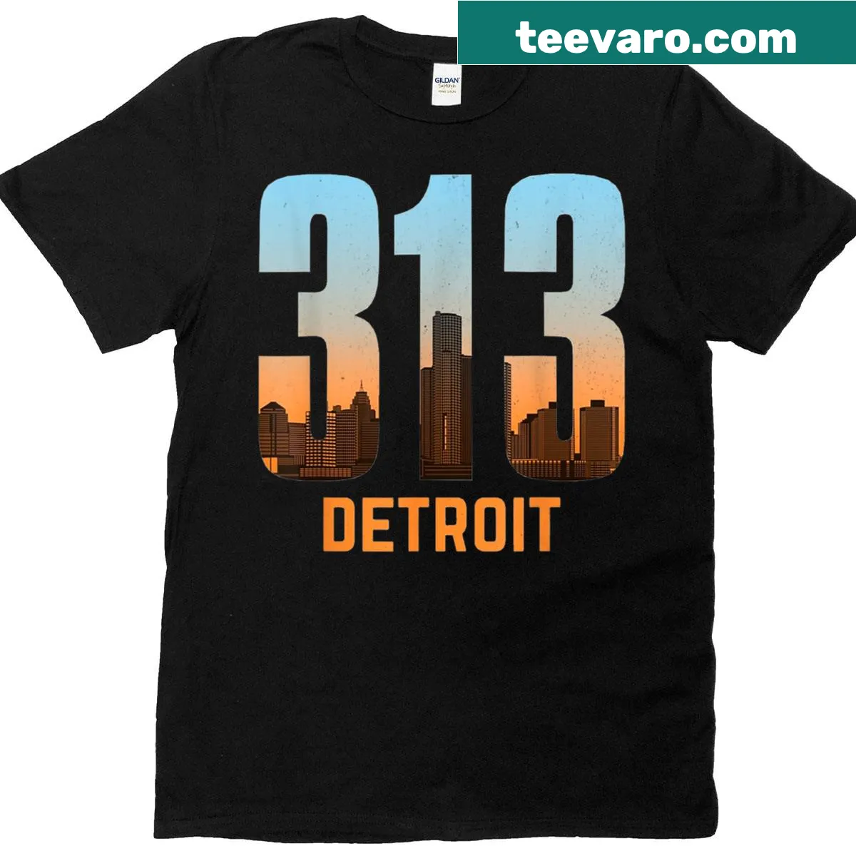 Vintage skyline graphic T-shirt with Detroit 313 area code — on a men's t-shirt