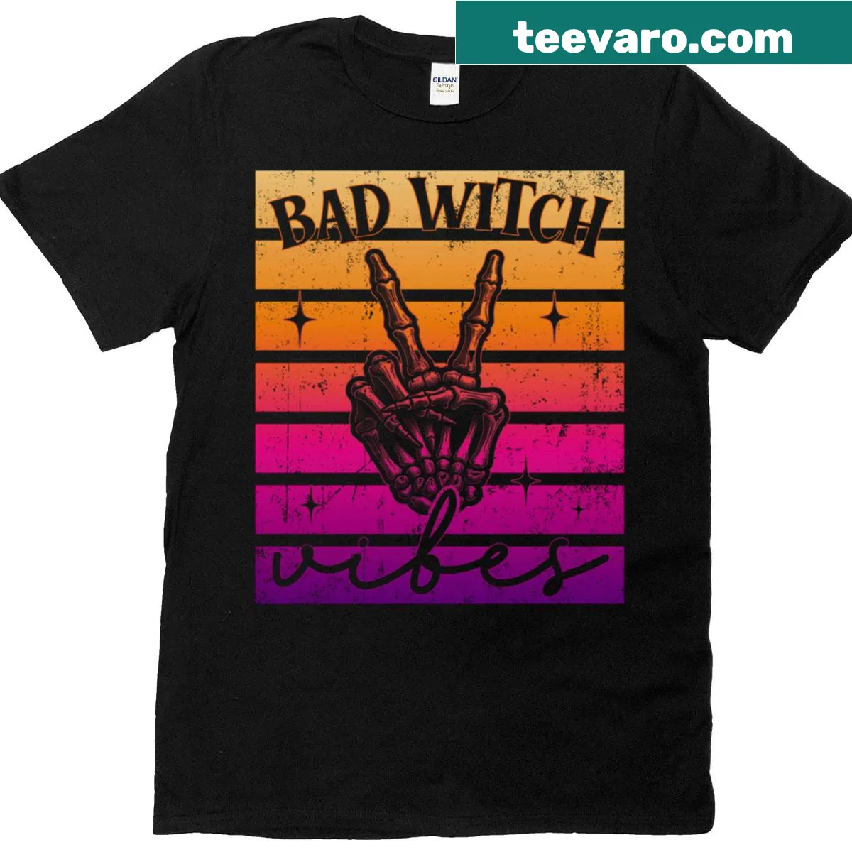 Vintage Halloween tee with 'Bad Witch Vibes' graphic — on a men's t-shirt