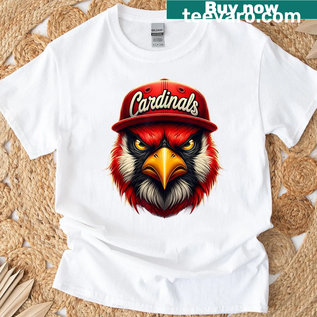 Vintage-style T-shirt featuring a nostalgic graphic of cardinals — on a men's t-shirt