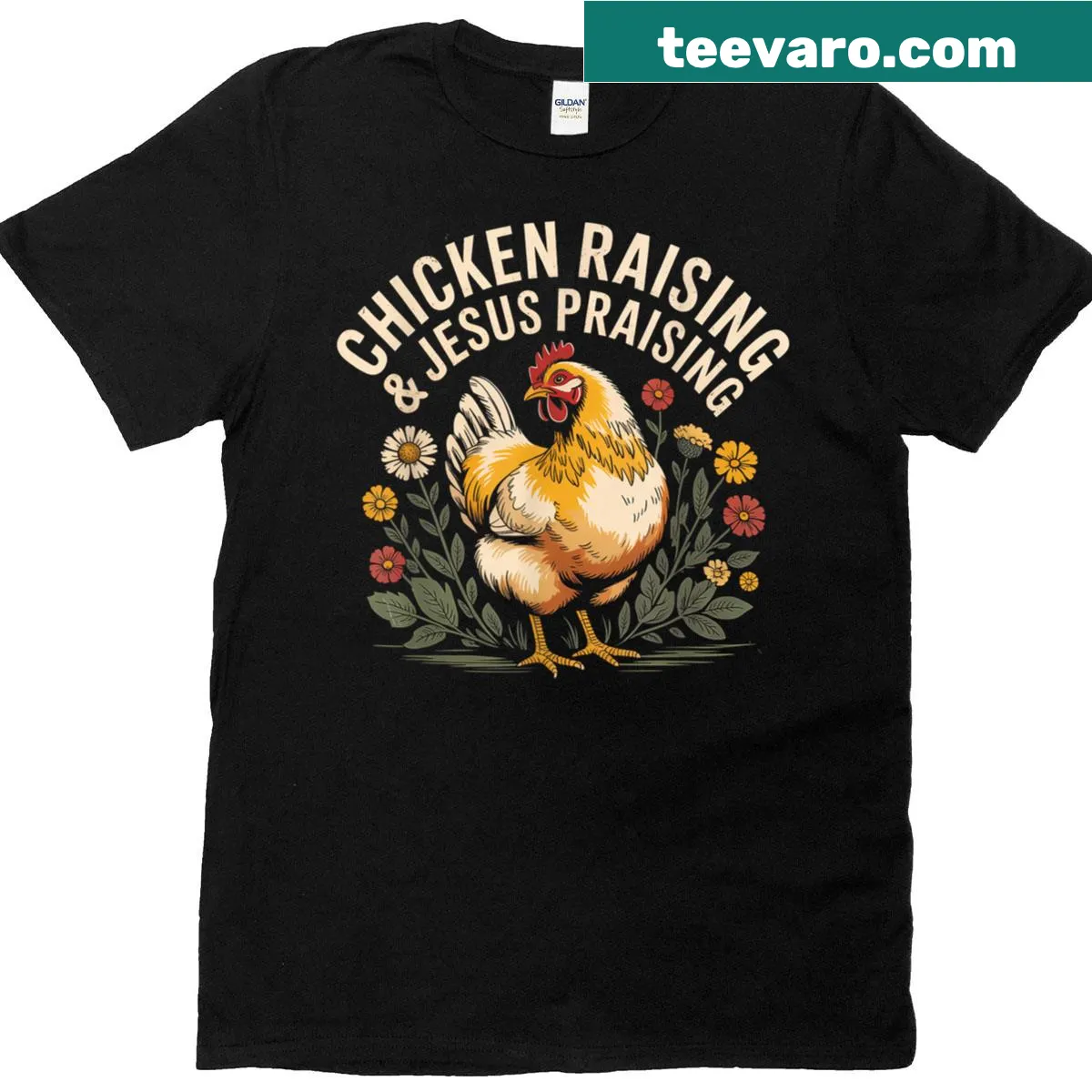 Vintage T-shirt with chicken and faith-themed design — on a men's t-shirt