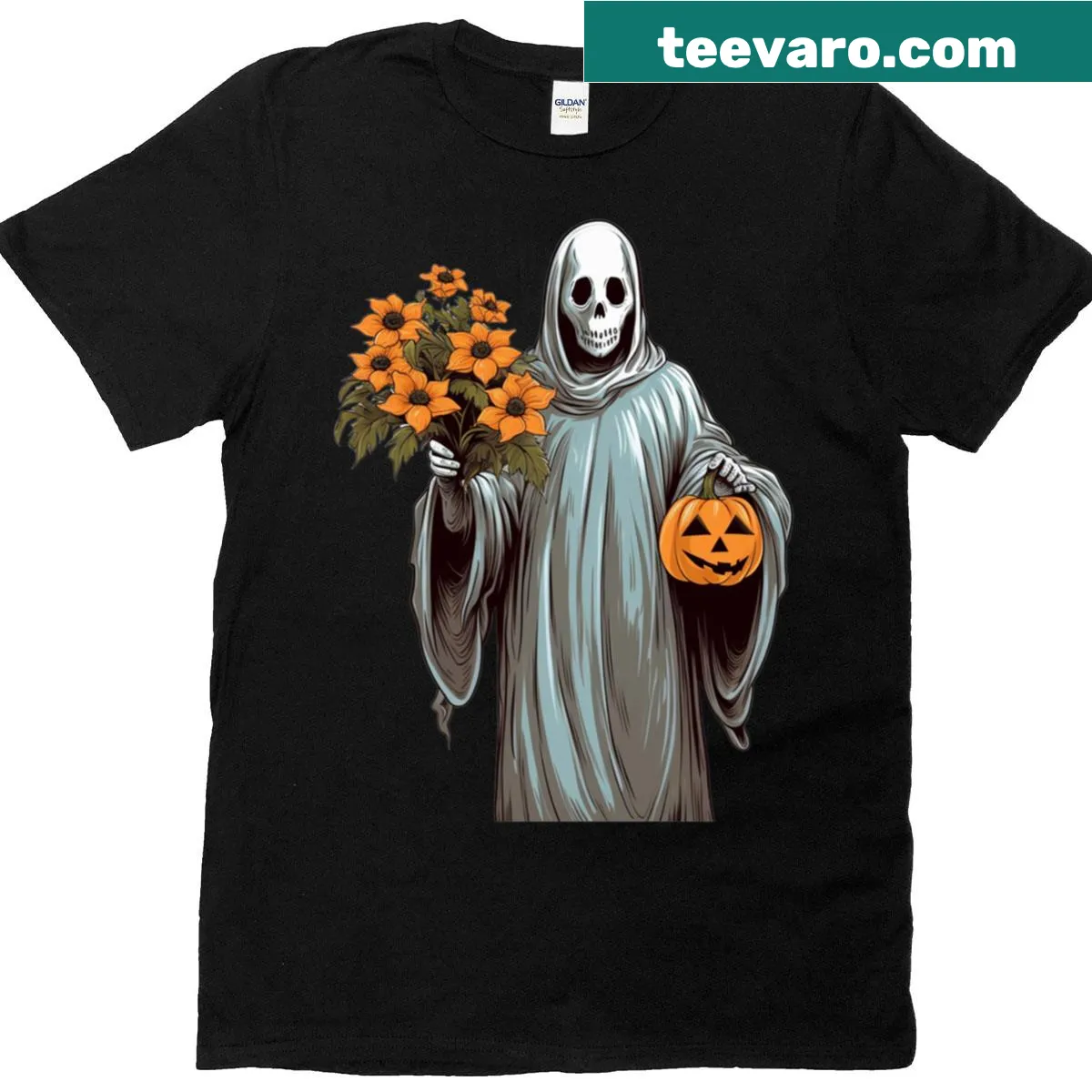 Vintage Floral Ghost T-shirt with pumpkin and floral design — on a men's t-shirt
