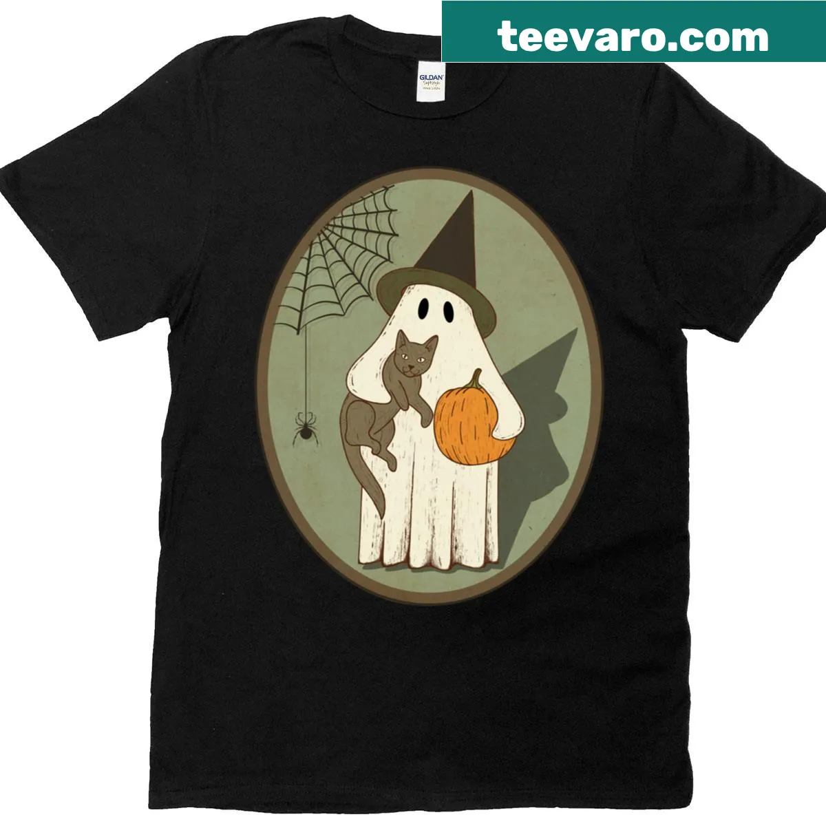 Vintage ghost graphic with cat for Halloween T-shirt — on a men's t-shirt