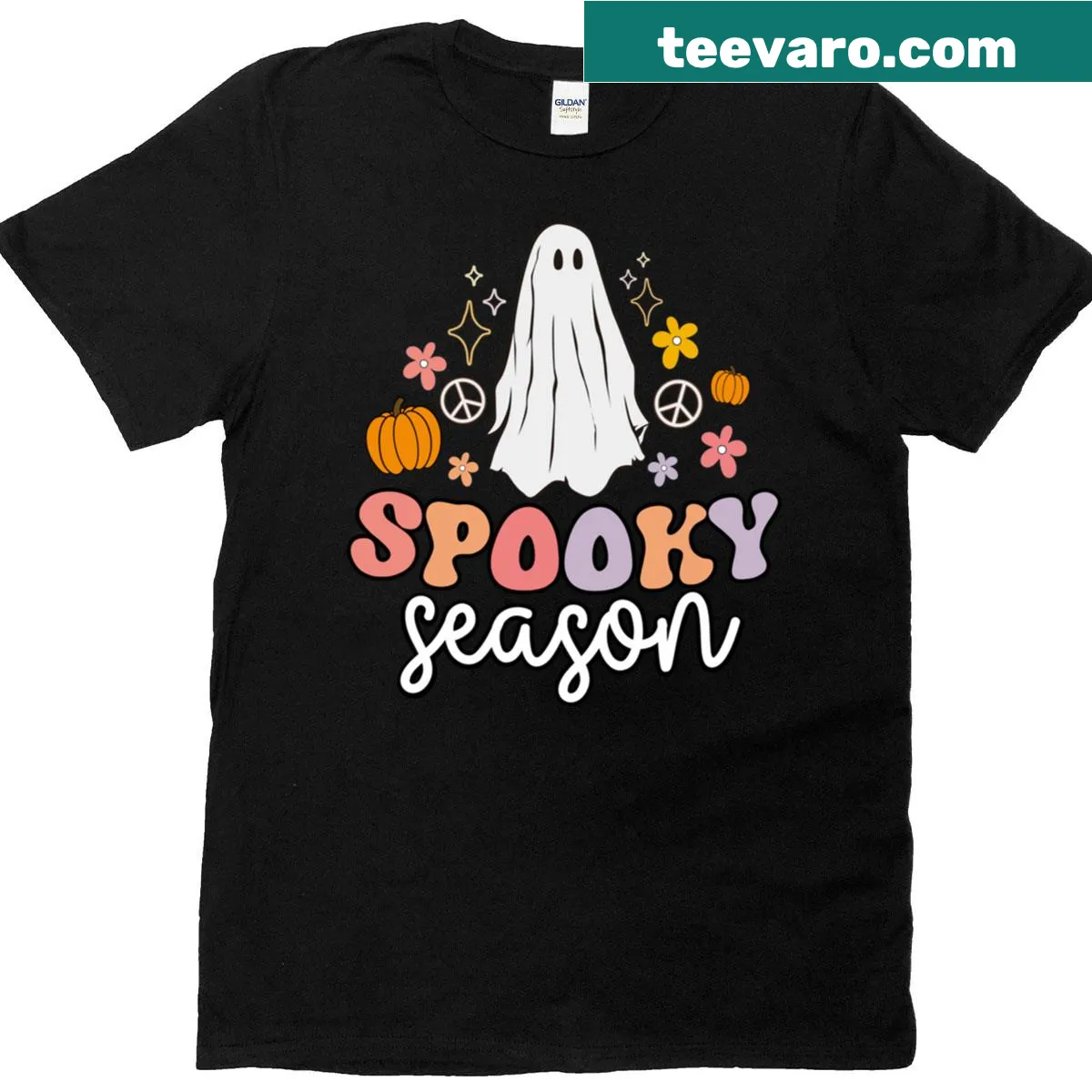 Vintage-style T-shirt with playful ghost design for Halloween — on a men's t-shirt