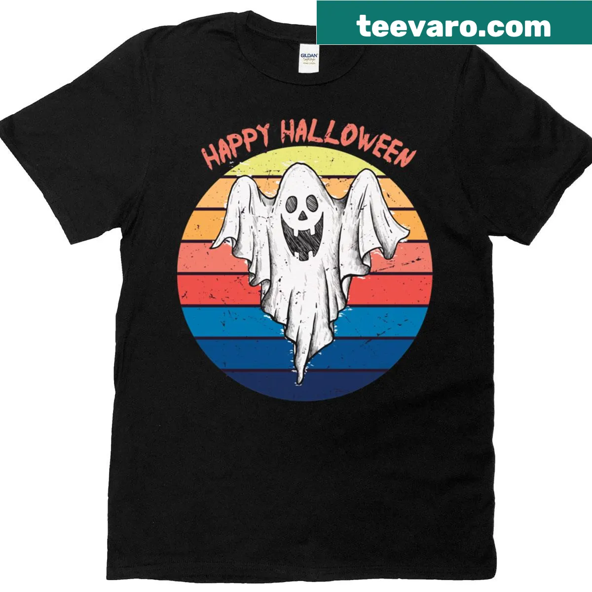 Vintage Happy Halloween T-shirt with a cheerful ghost — on a men's t-shirt