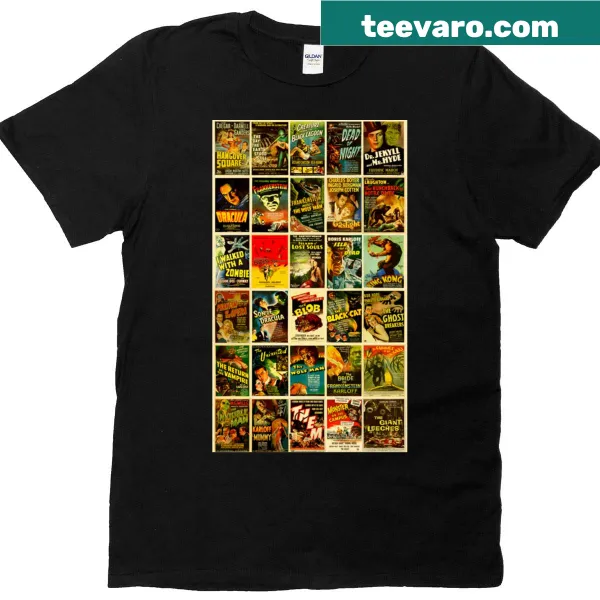 Vintage T-shirt showcasing classic horror monster movie poster designs