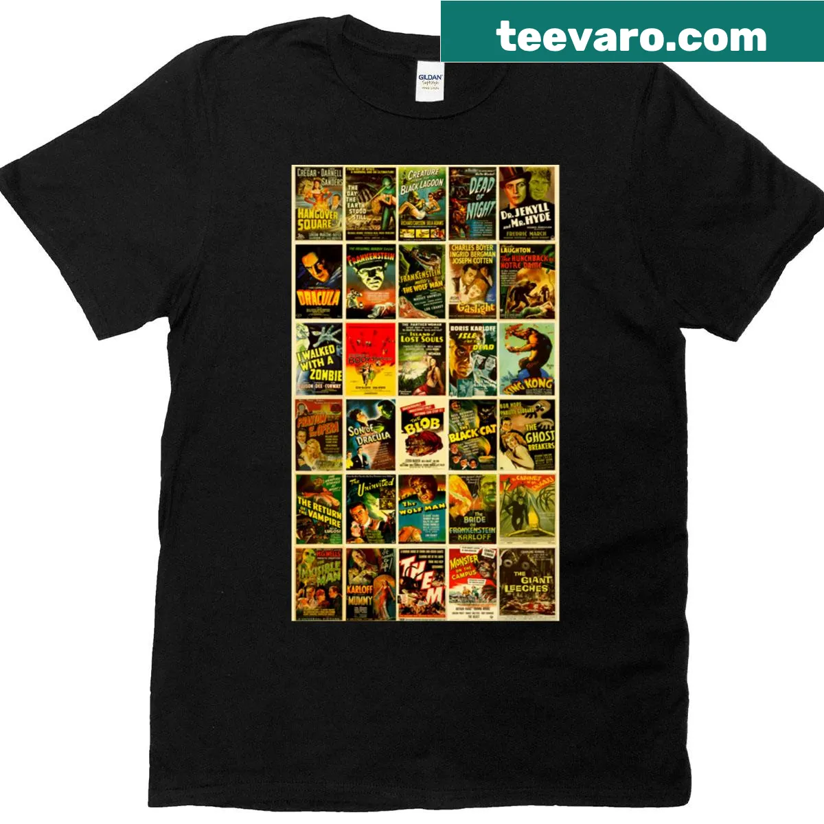 Vintage T-shirt showcasing classic horror monster movie poster designs — on a men's t-shirt