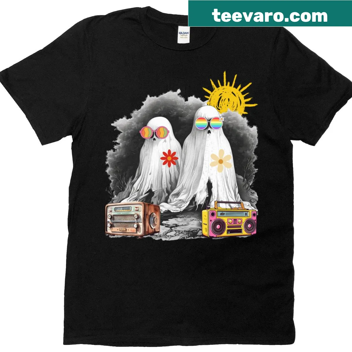 Vintage Halloween T-shirt with radio and ghost design — on a men's t-shirt