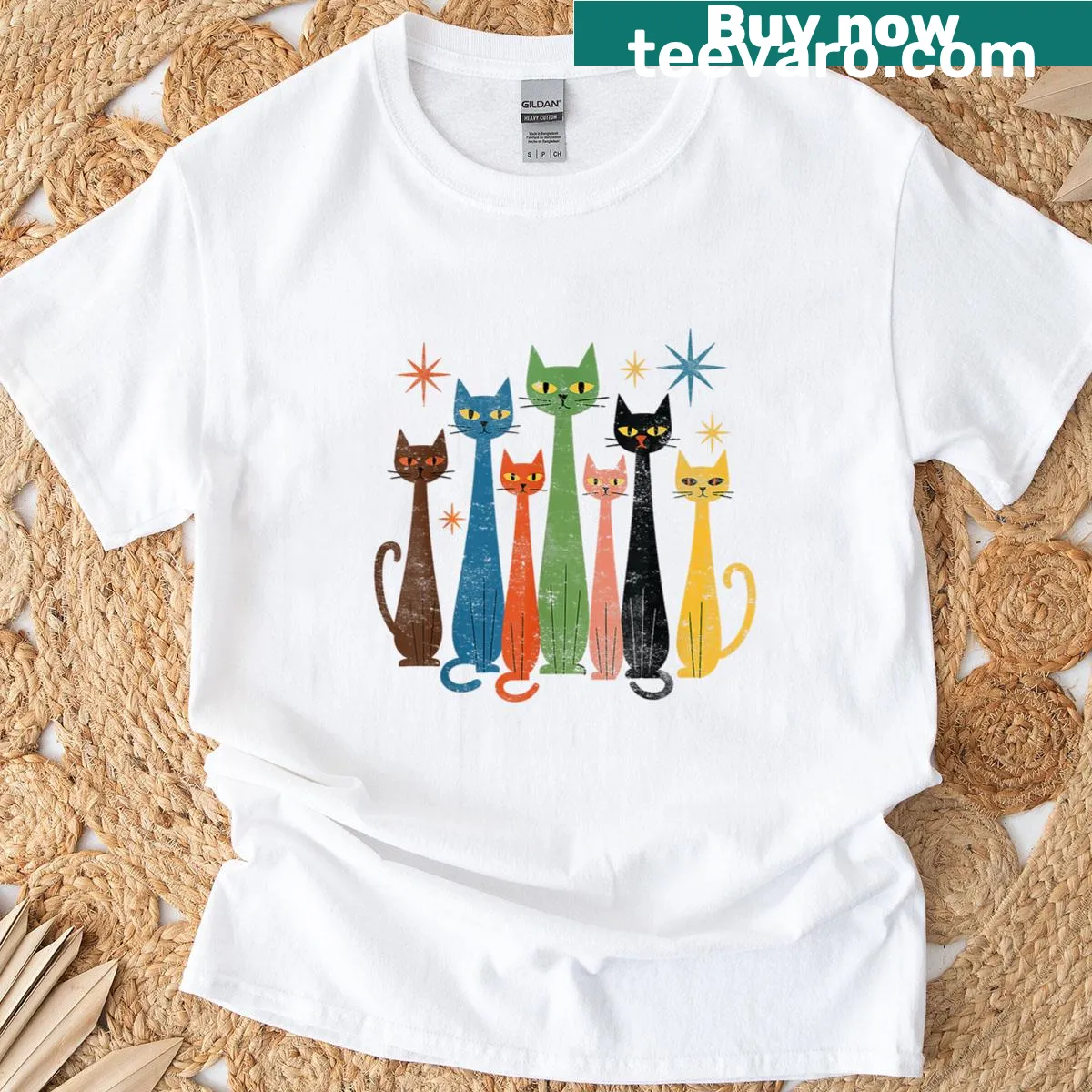Vintage retro T-shirt featuring mid-century modern cats from the 50s and 60s — on a men's t-shirt