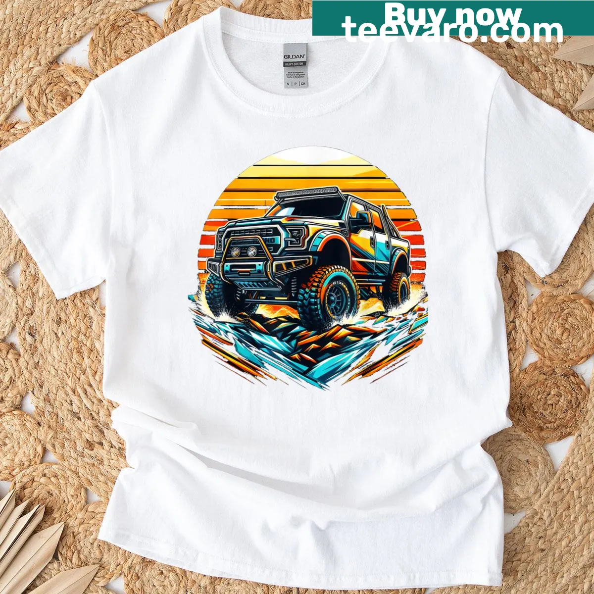 Vintage 4x4 car driving into a sunset graphic on T-shirt — on a men's t-shirt