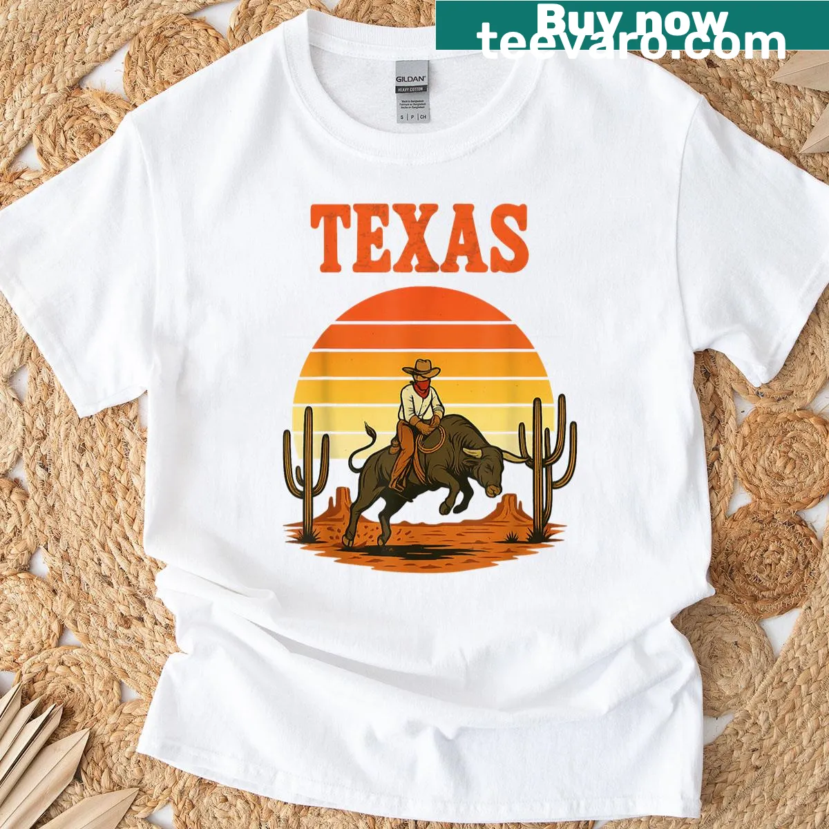 Illustrative T-shirt depicting a bronc rider in vintage rodeo style — on a men's t-shirt
