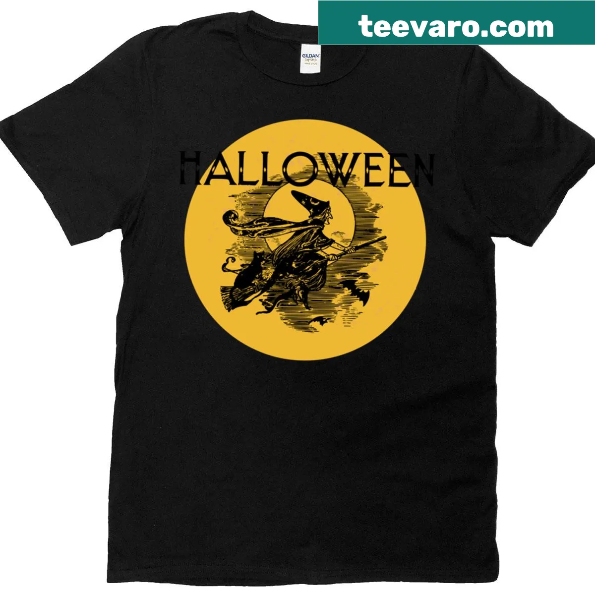 Oversized vintage witch-themed t-shirt with whimsical graphics — on a men's t-shirt
