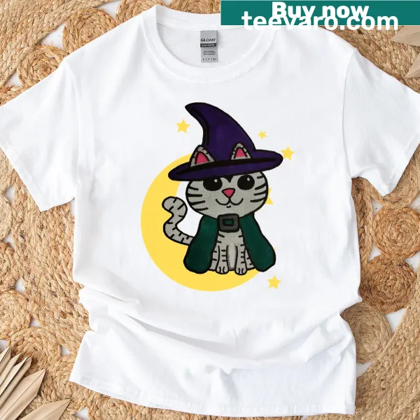 Cute T-shirt featuring a witch kitty design