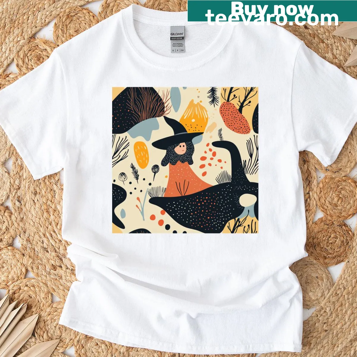 Minimalist T-shirt featuring a witch pattern — on a men's t-shirt