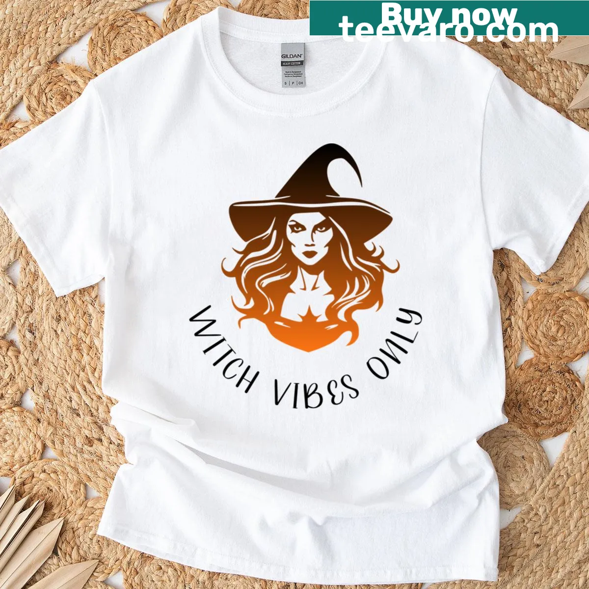 Witch Vibes Only T-shirt with whimsical typography — on a men's t-shirt