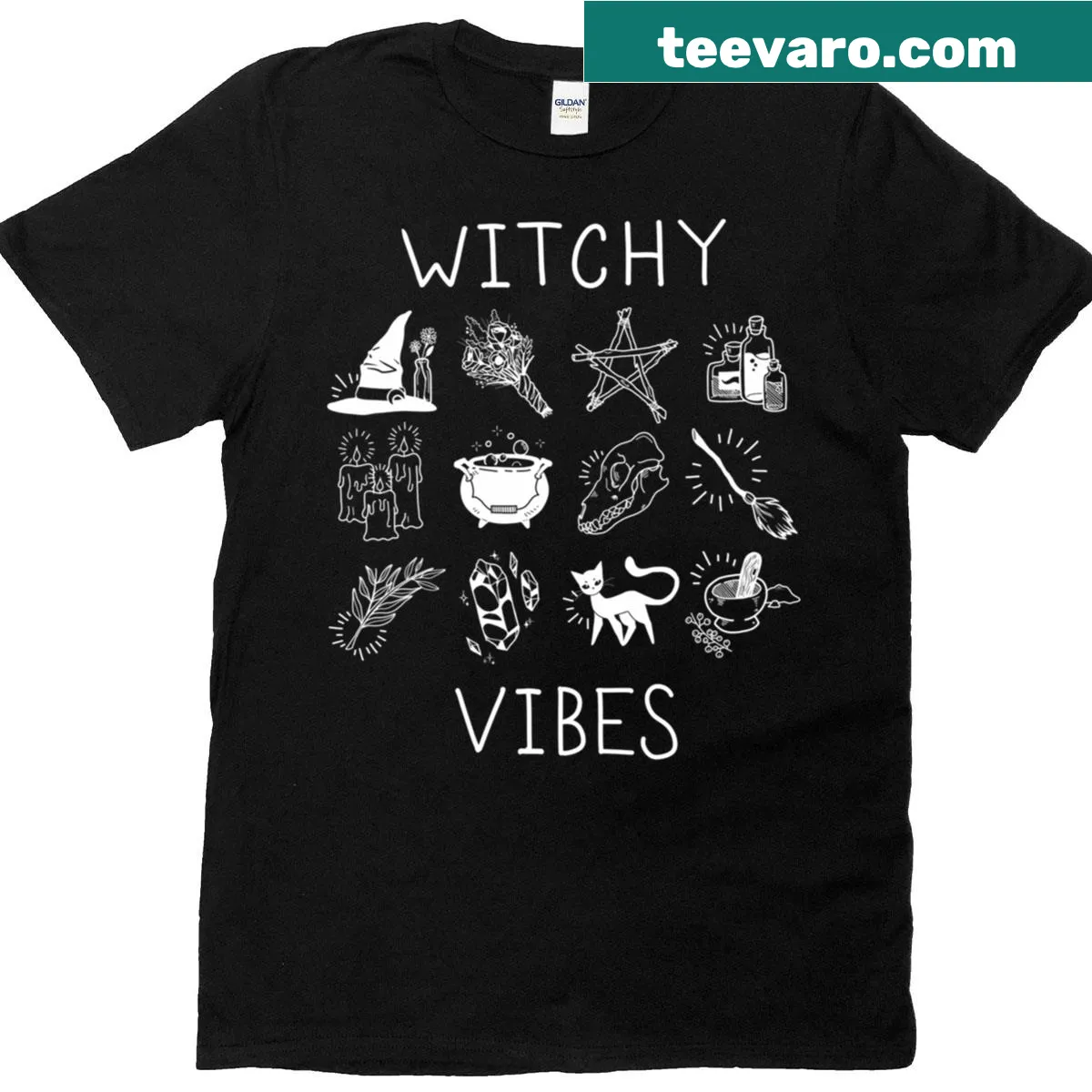 Fitted t-shirt with witchy graphics and whimsical elements — on a men's t-shirt
