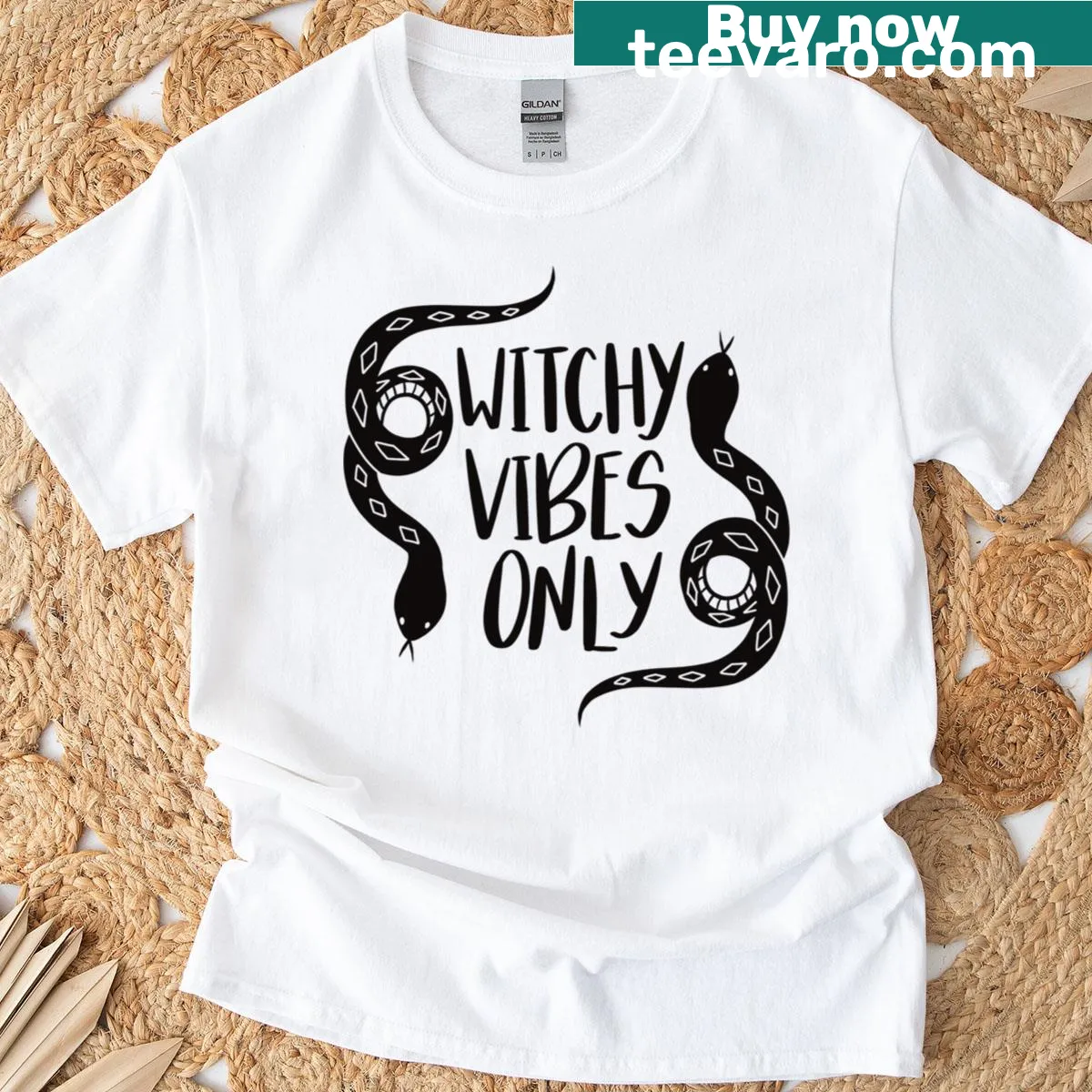 Oversized T-shirt with 'Witchy Vibes Only' graphic — on a men's t-shirt
