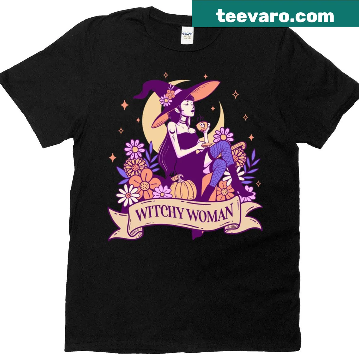 Whimsical Witchy Woman t-shirt featuring a witch hat and stars — on a men's t-shirt