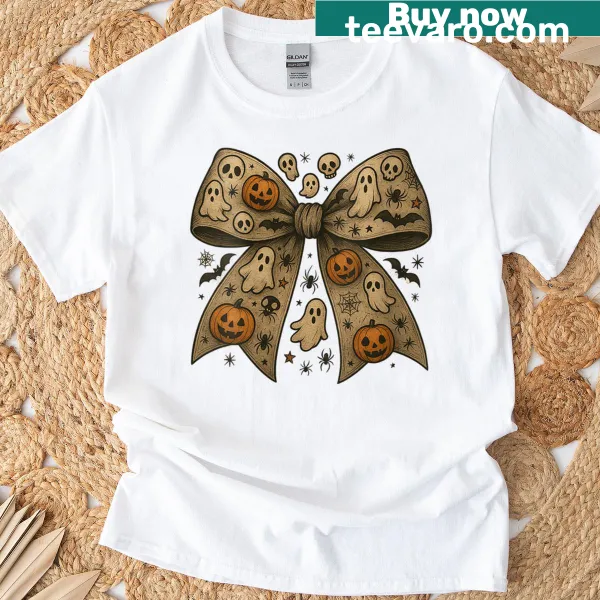 Cute Halloween T-shirt with ghost, pumpkin, and bow illustration