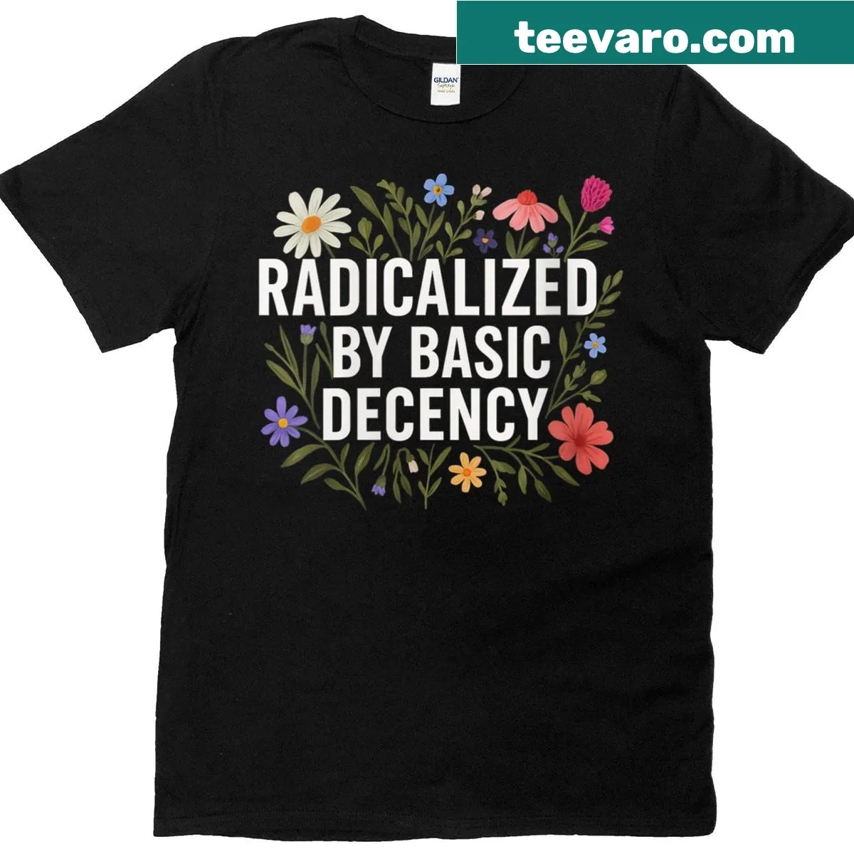 Vintage floral tee with humorous text about decency — on a men's t-shirt