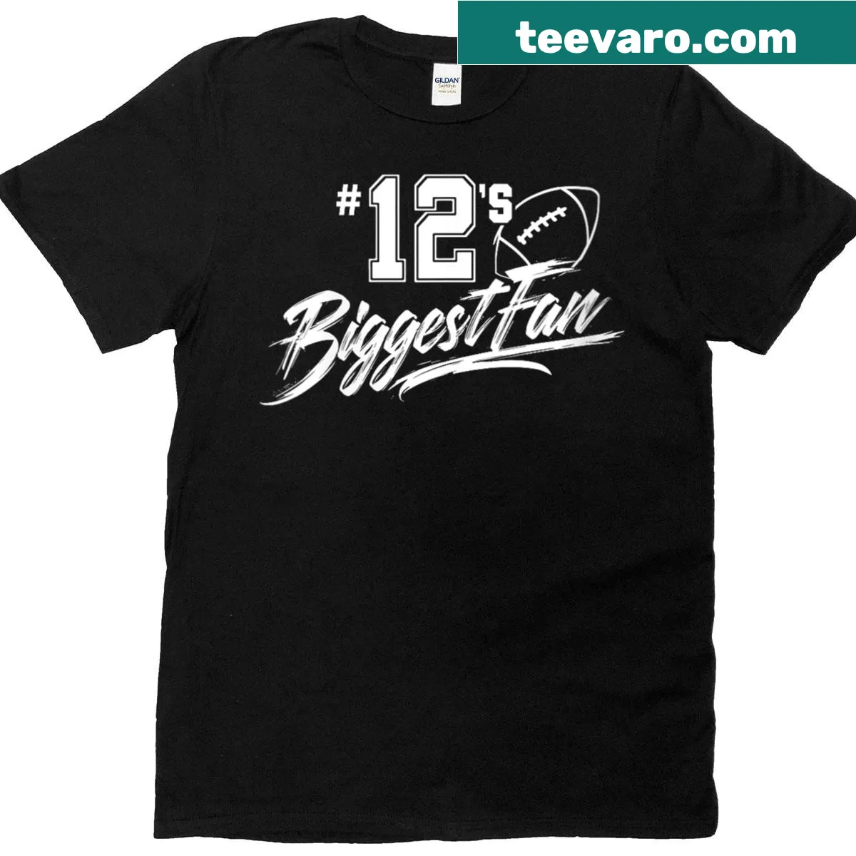 Typographic football mom t-shirt for the biggest fan of player number 12 — on a men's t-shirt