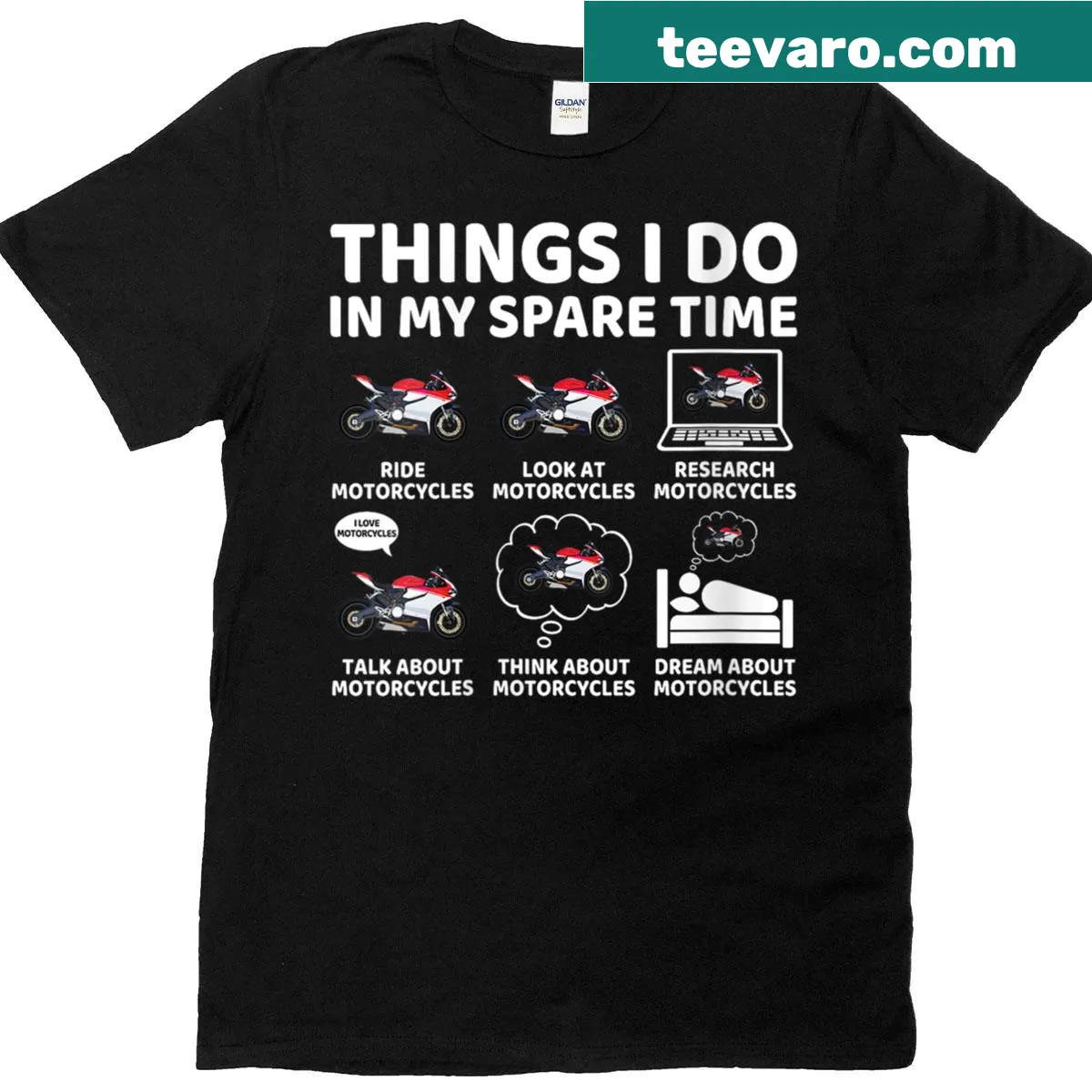 Biker T-shirt listing fun activities for motorcycle riders — on a men's t-shirt