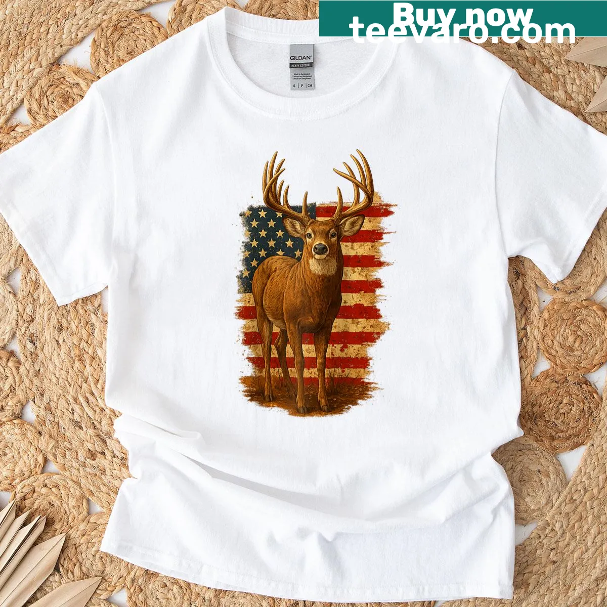 Raglan baseball tee featuring a buck deer and American flag design — on a men's t-shirt